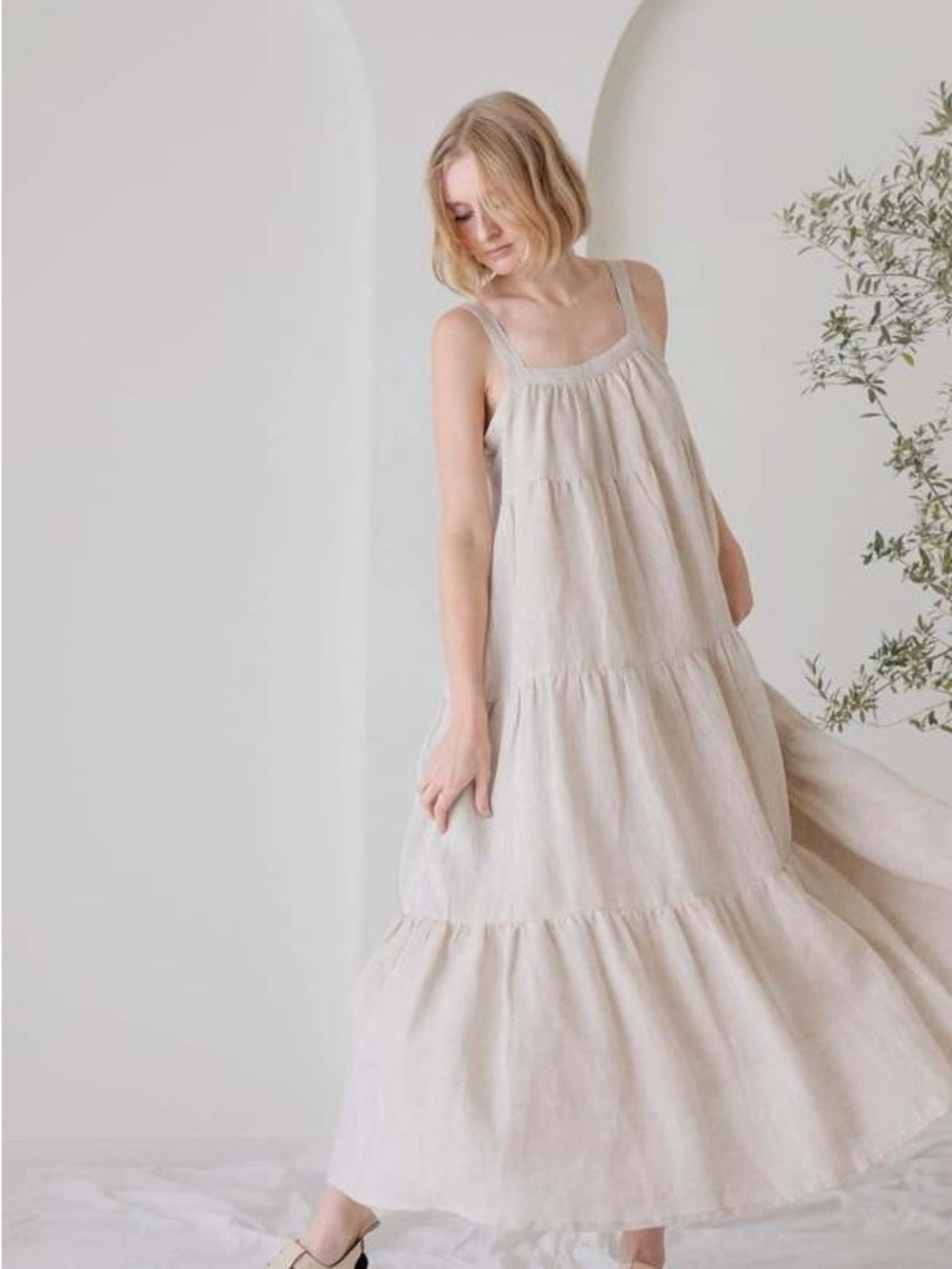 Anthropologie Laude The Label Strappy Tiered Natural Linen Maxi Dress Size XS - Picture 4 of 15